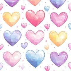 Pastel hearts repeat pattern.  Delicate, colorful hearts in a repeating pattern on a white background.  Soft watercolor style
