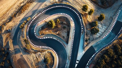 Captivating aerial shot of an empty F1 track complex featuring a winding chicane. The intricate curves and scenic surroundings create a striking image.