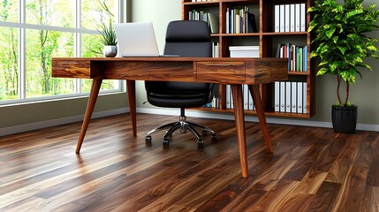 Modern Home Office Setup with Wooden Desk and Ergonomic Chair