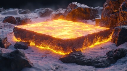 Fototapeta premium Glowing Lava Slab in Frozen Landscape: A Surreal Volcanic Scene
