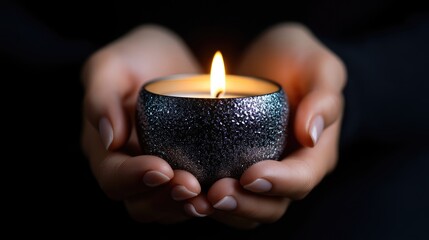 Gentle hands hold a lit candle in the darkness.  A moment of peace and reflection