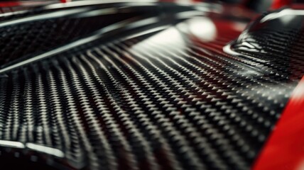 This image showcases a close-up view of intricate carbon fiber bodywork used in race cars, highlighting the glossy texture and modern design elements.