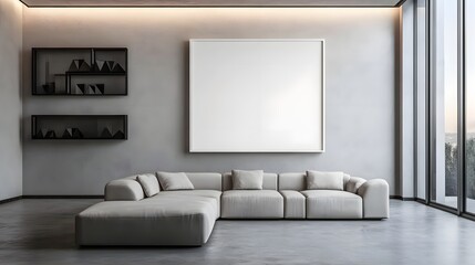 living room interior with clean lines and neutral colors, large blank white frame hanging on a light gray wall, low-profile modular sofa in light gray color, built-in shelves with geometric