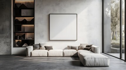 living room interior with clean lines and neutral colors, large blank white frame hanging on a light gray wall, low-profile modular sofa in light gray color, built-in shelves with geometric
