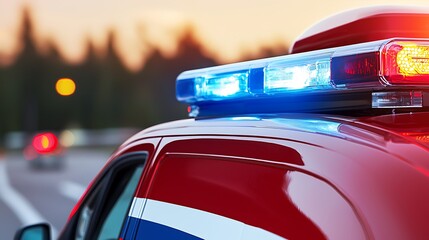 Emergency Vehicle Light Bar on Police Car with Sunset Background