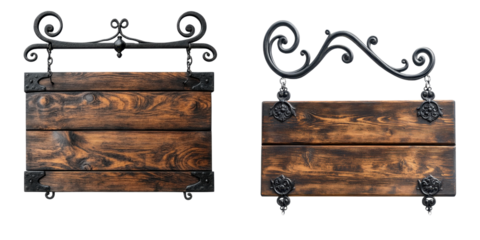 Ornate Wooden Signs with Decorative Metal Holders for Display Use