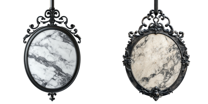 Elegant Round Mirrors with Decorative Black Frames and Marble Design