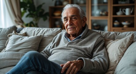 Fototapeta premium elderly latin Hispanic man portrait cozy home interior relaxation concept background with copy space