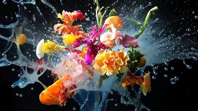 Colorful fruits and flowers exploding in water splash