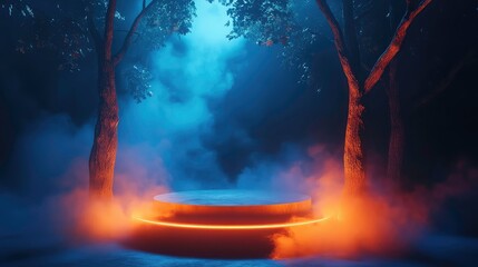 Glowing orange circular platform surrounded by mist and mystical forest scene, illuminated trees and striking color contrasts