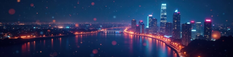 Fototapeta premium Mysterious night scene with glitter bokeh, cityscape, dark blue, night scene