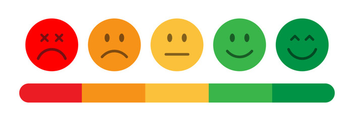 Set of feedback scale with five emoticons from sad to happy. Perfect for surveys, reviews, user experience, and satisfaction metrics. Rating emoji, feedback , emoji, Vector, icons.