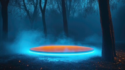 Glowing blue and orange lights in mysterious foggy forest scene, abstract and mystical atmosphere with circular illuminated object