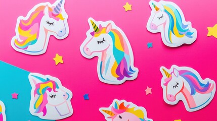 Naklejka premium Rainbow Unicorns on Pink Background: Magical and Whimsical