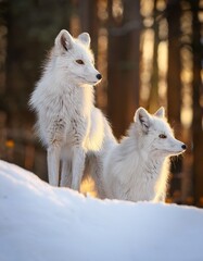 Obraz premium white male and female fox in the snow in the woods