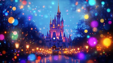 Fototapeta premium Enchanting castle illuminated at night with colorful bokeh lights
