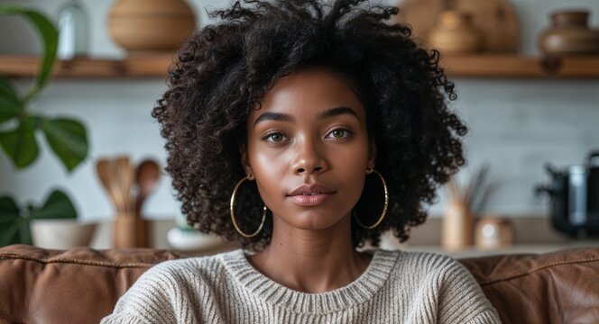 20s black African girl portrait cozy home interior relaxation concept background with copy space