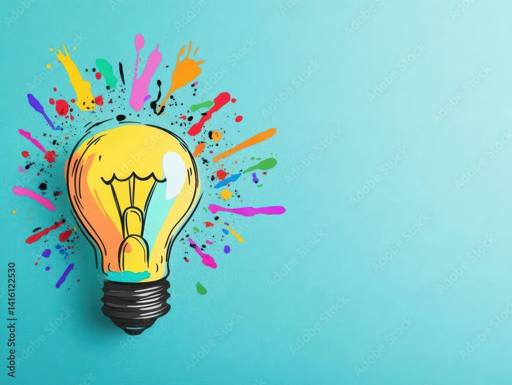 Aufkleber big stylized light bulb on cyan background drawn with splashes of colored paint concept of innovatio