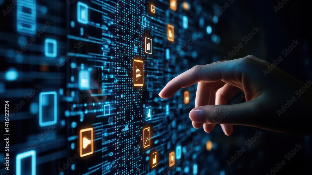 Aufkleber Binary data processing for big data analysis in database Abstract image of digital data technology Hand touching many file icons and numbers