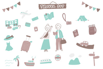 旅行する男女と旅行関連のアイコンのイラストセット　くすみカラー