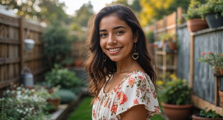 Naklejka premium 20s latin Hispanic girl portrait backyard garden landscape happy concept background with copy space