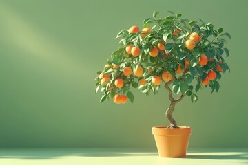 Vibrant potted citrus tree with ripe fruits.
