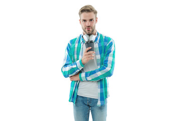 Fototapeta premium Drinking espresso. Relax with music. Man drinking tea. Warm morning. Coffee break at work. Millennial Caucasian man hold coffee cup isolated on white. Morning coffee time. Lifestyle concept