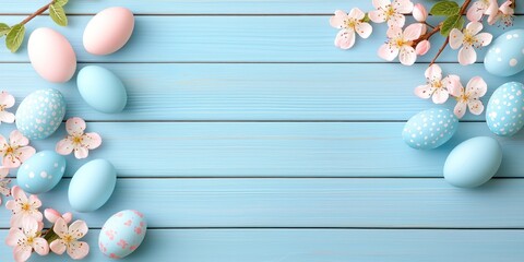 Obraz premium Pastel Easter Eggs and Blossoms on Blue Wood
