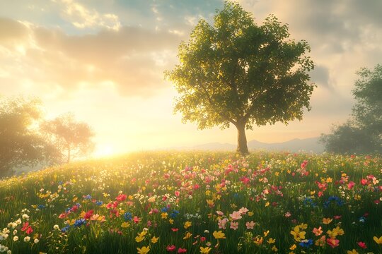 A vibrant meadow filled with flowers and a solitary tree under a bright and sunny sky at golden hour