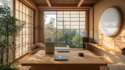 Fototapeta premium Minimalist workspace with a focus on natural light and calming zen interior design