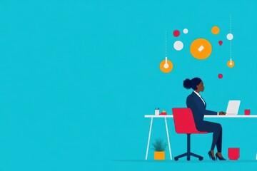 black woman entrepreneur sitting in the office at her desc in a business suit working illustration