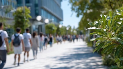 Obraz premium Walking Crowd Blurred on Path Near Office Building with Plant