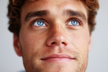 Obraz premium Closeup of young man with blue eyes looking upward under soft lighting showing curiosity hope and focus with emotional expression on a clean studio portrait background