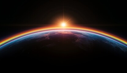 Sunrise over Earth with vibrant rainbow.