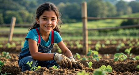 kid latin Hispanic girl portrait farm work country manual job happy concept background with copy space
