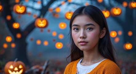 Fototapeta premium teen Asian girl portrait Halloween spooky festive fun concept background with copy space