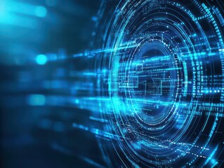Fototapeta premium Blue data matrix simulation digital line and grid technology with futuristic HUD screen on abstract background concept