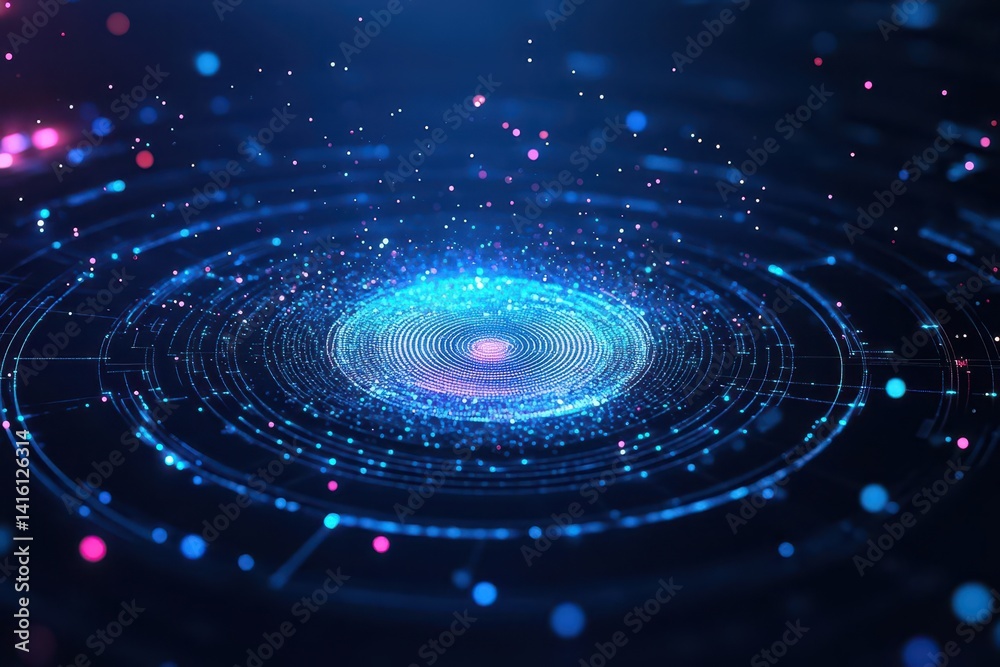 Poster blue glowing spiral with particles on dark background technology startup presentation