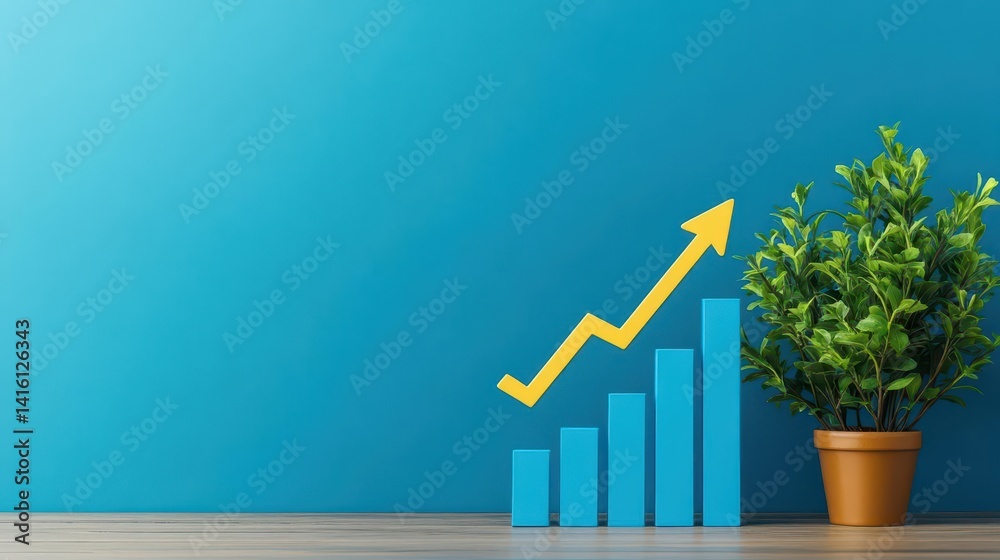 Poster Blue growth graph business chart data diagram on success financial presentation background with abstract up arrow bar symbol