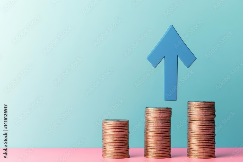 Poster blue up arrow and coin stacks on pastel background financial success and growth concept copy space, 
