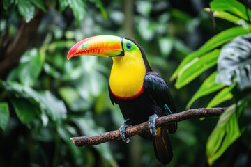 A colorful toucan bird perched on a branch in the jungle