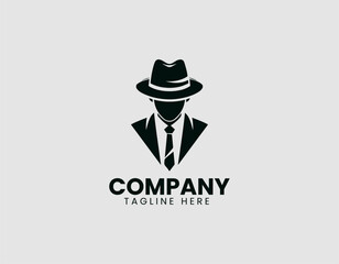 Silhouette of Mystery: An evocative vector logo of a figure in a fedora and suit, exuding an air of intrigue and sophistication, perfect for a business, creating a memorable brand identity.