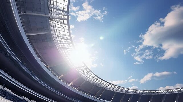 An open stadium bathed in sunlight, with blue sky above