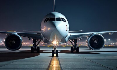 Front view of an aircraft on a runway at night, illuminated by its headlights, creating a striking perspective under the night sky