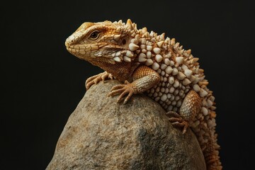 A spiky scaled reptile resting on a textured stone