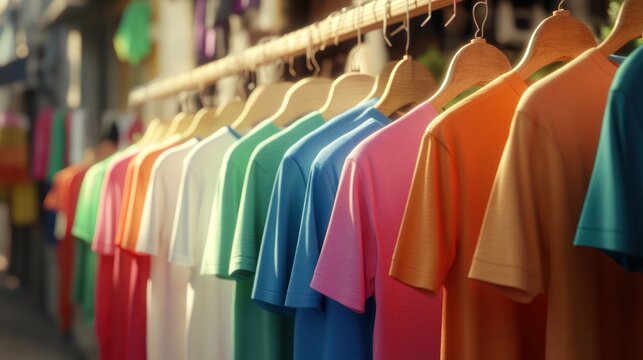 Colorful t-shirts hanging outdoors, market stall, sunny day, clothing retail - Powered by Adobe
