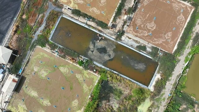 The layout shows a modular wastewater treatment design with parallel ponds and a central sludge channel, promoting efficient flow and contaminant breakdown.
