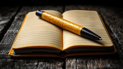 Open notebook with lined pages and a pen resting on it, atop rustic wood