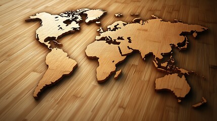 Carved world map on wood