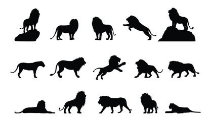 lion silhouettes. lion roaring, standing, resting, walking silhouette.